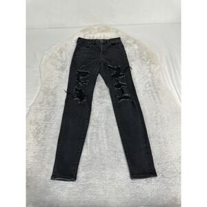American Eagle Curvy Hi Rise Jegging Ripped Black Pants‎ Size 4 Long Distressed